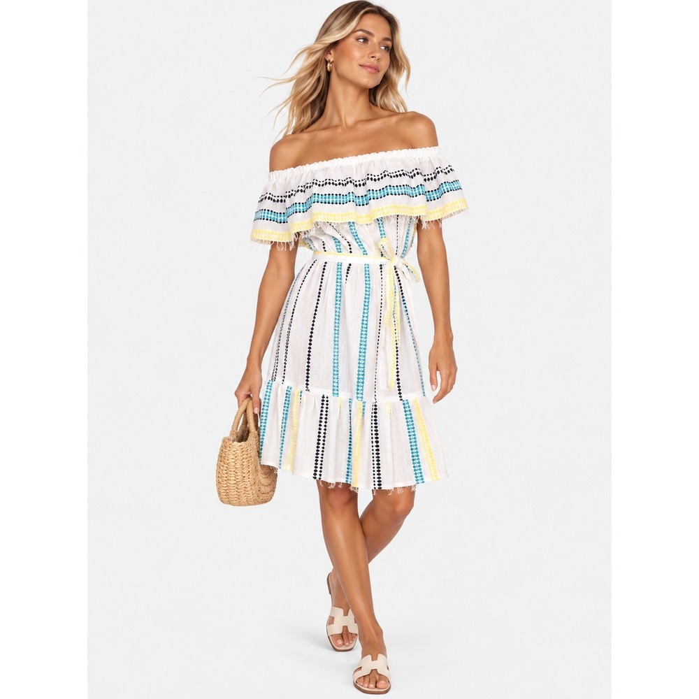 LemLem by Liya White Striped Off Shoulder Cotton Mini Resort Vacation Dress S